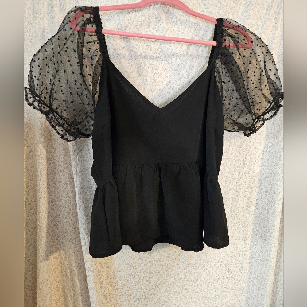 Miami Black Puff Sleeve Asymmetrical Peplum Blouse
